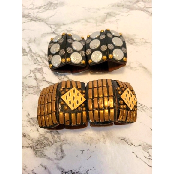 Cuff Bracelets Stretch Wood Panels Decorative Metal Inlay 2+" Wide Chunky Boho - Picture 4 of 4